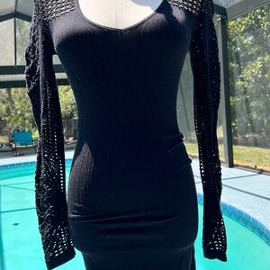 Bebe Black Bodycon Dress with cutout Sleeves and Scoop Neck